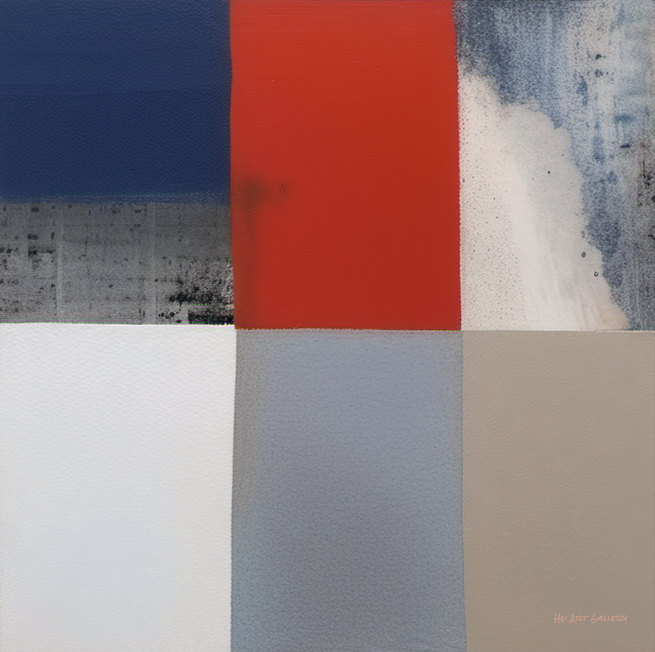 Abstract art piece with geometric shapes in red, blue, gray, and beige.