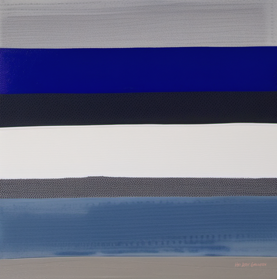 Abstract art with horizontal stripes in blue, gray, and white.