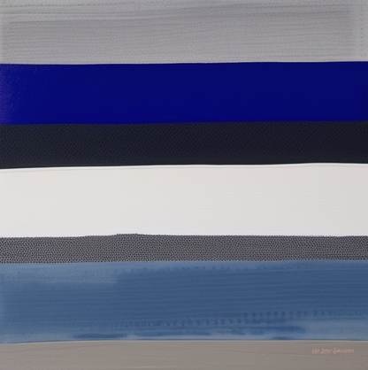 Abstract art with horizontal stripes in blue, gray, and white.
