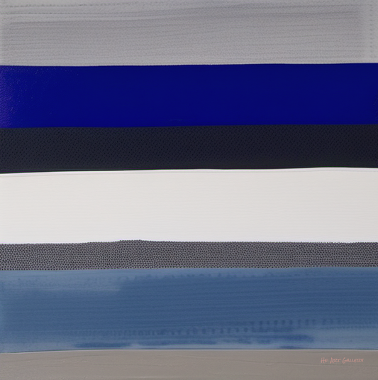 Abstract art with horizontal stripes in blue, gray, and white.