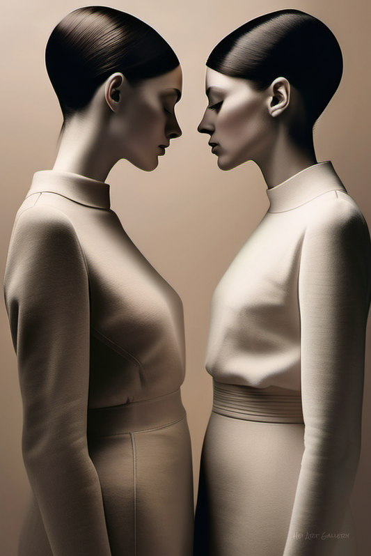 Two mannequins facing each other in a minimalistic setting