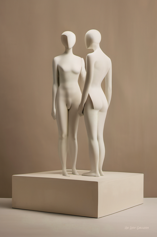 White marble sculpture of two standing figures on a beige platform against a beige background