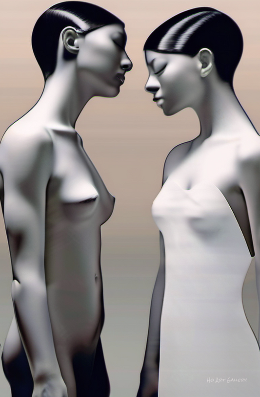 Two abstract human figures facing each other against a neutral background