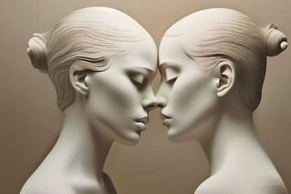 Two stone sculptures of women facing each other against a beige background