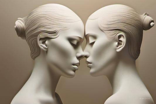 Two stone sculptures of women facing each other against a beige background