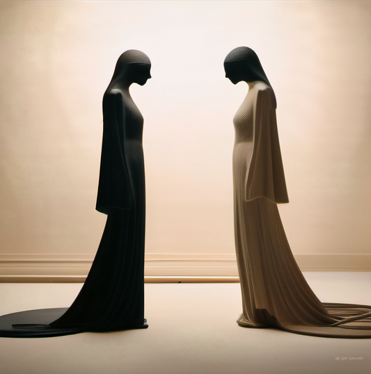 Two mannequins wearing long, flowing dresses against a neutral background