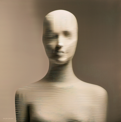 Abstract sculpture of a human figure with a textured surface on a gradient background