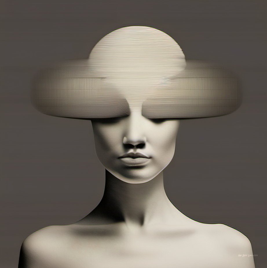 Artistic depiction of a person wearing a large, rounded hat against a neutral background