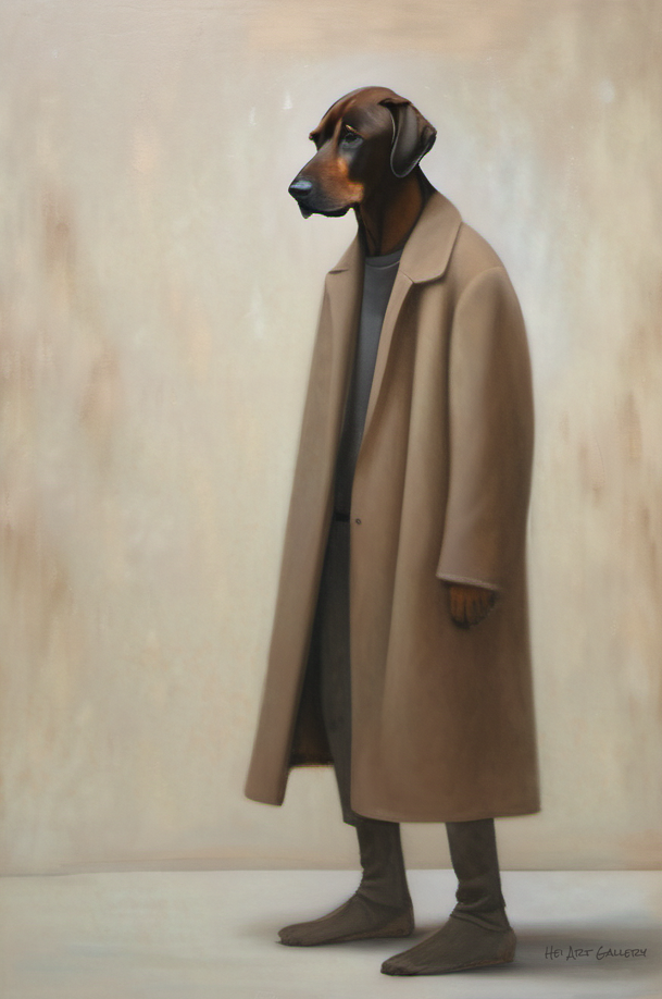 Dog wearing a long beige coat on a plain background