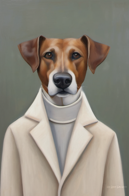 Dog wearing a beige coat with a gray background