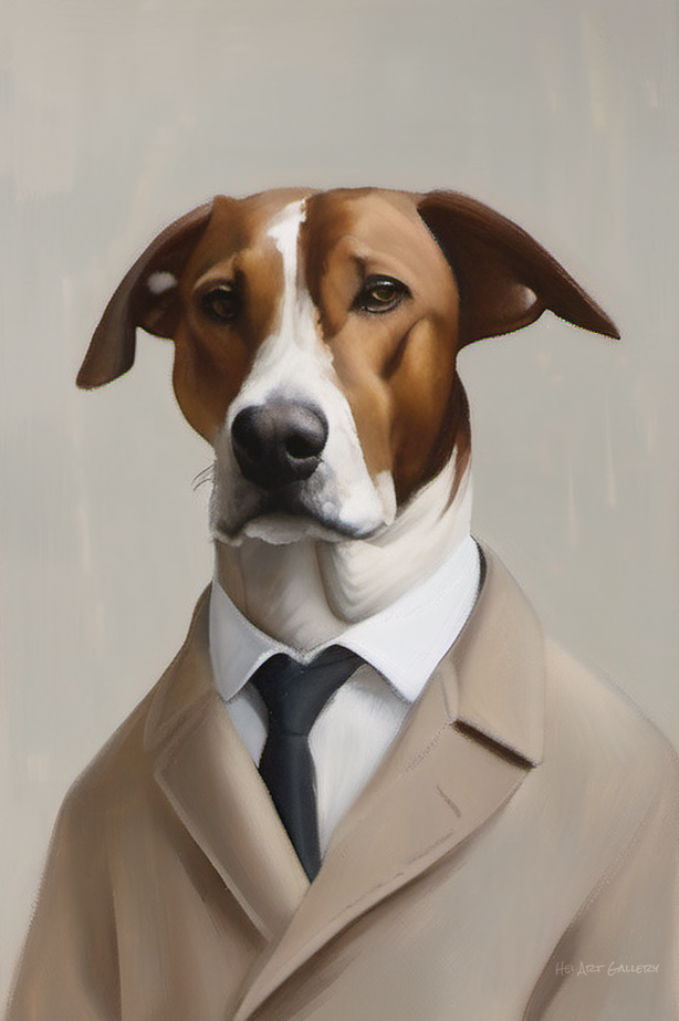 Dog wearing a coat and tie against a plain background