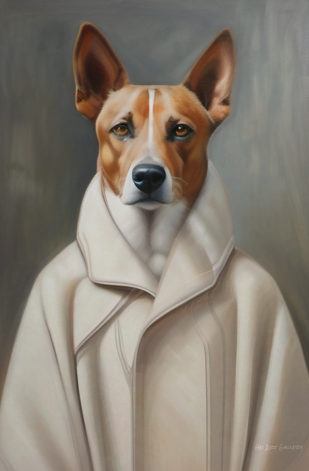 Dog wearing a beige coat against a gray background