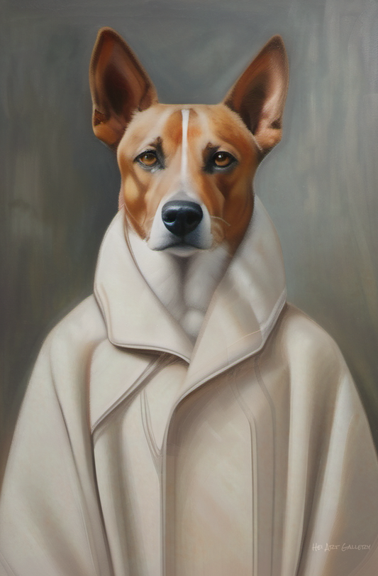 Dog wearing a beige coat against a gray background