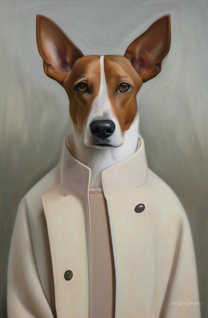 Dog wearing a beige coat with a plain background
