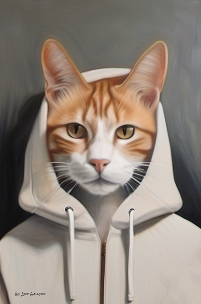 Cat wearing a white hoodie with a neutral background