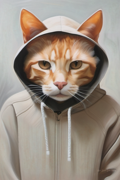 Cat with a hoodie on a gray background