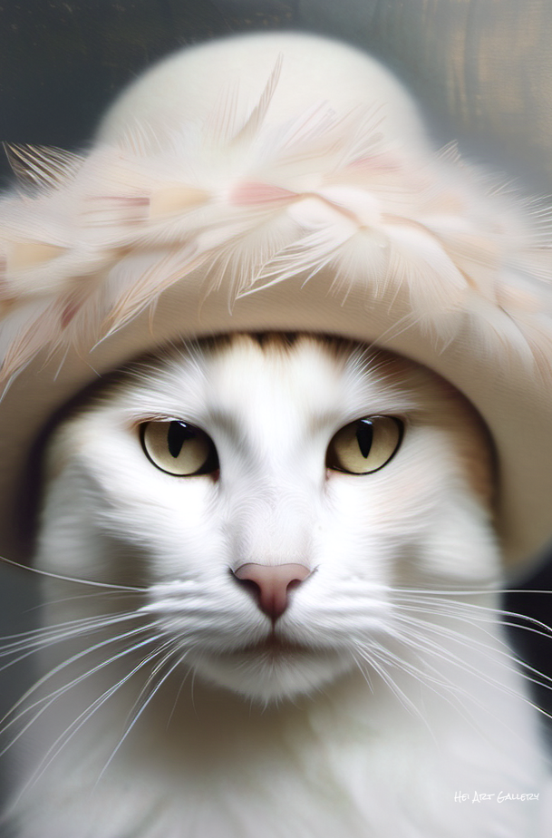 White cat wearing a pink feathered hat