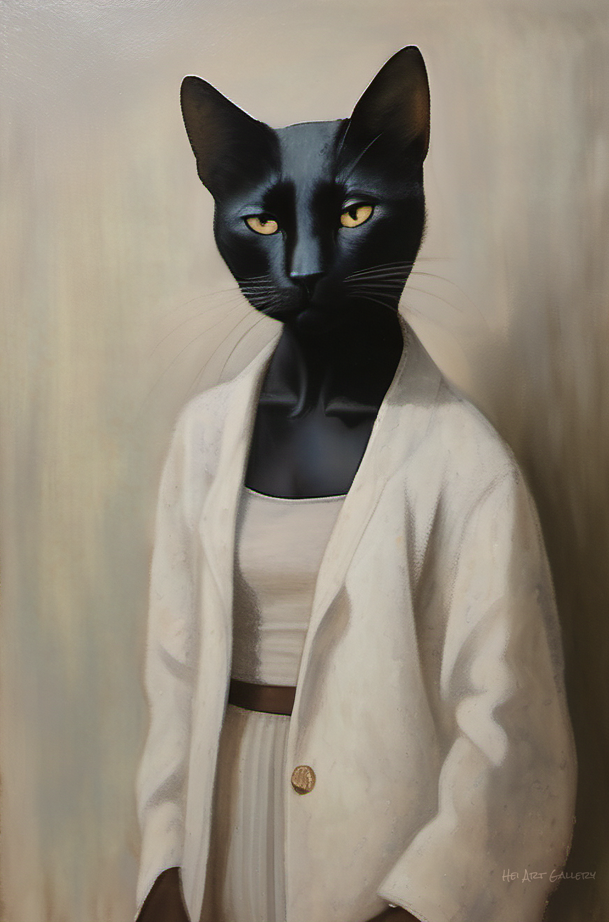 Black cat with a human body wearing a white coat and dress against a beige background