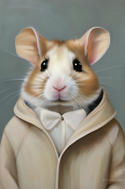 Hamster wearing a beige coat with a gray background