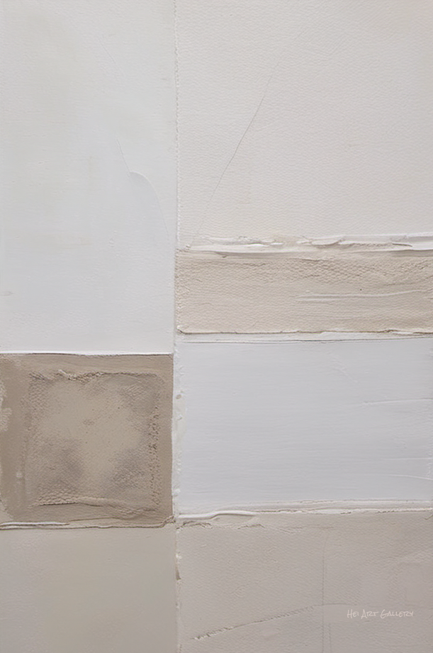 Abstract art with beige and white horizontal stripes on a light gray background