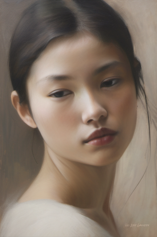 Artistic portrait of a woman with soft lighting and neutral background