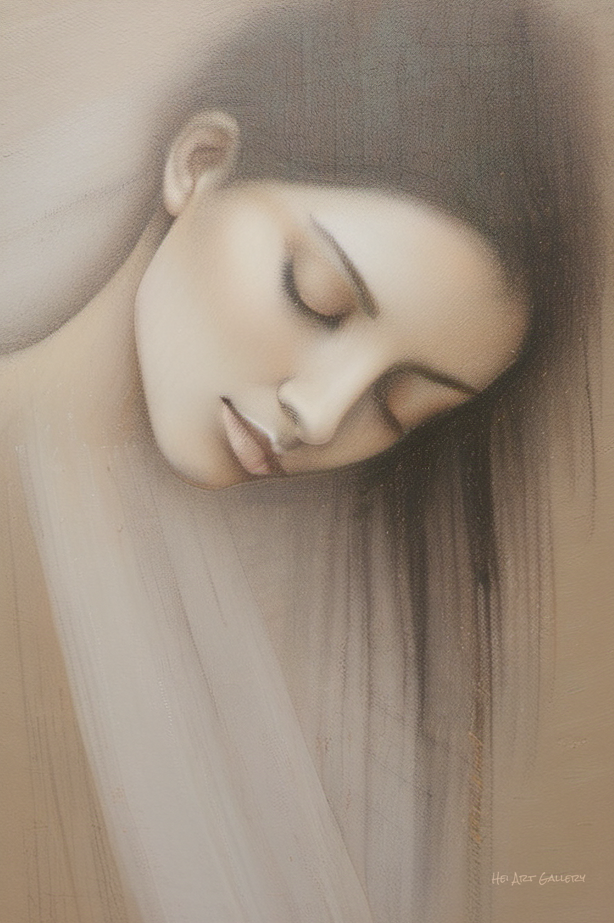 Artistic depiction of a woman with long hair and closed eyes on a beige background