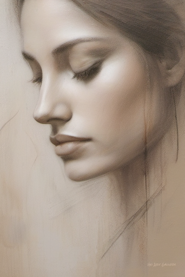 Artistic depiction of a woman's face with a soft, neutral color palette.