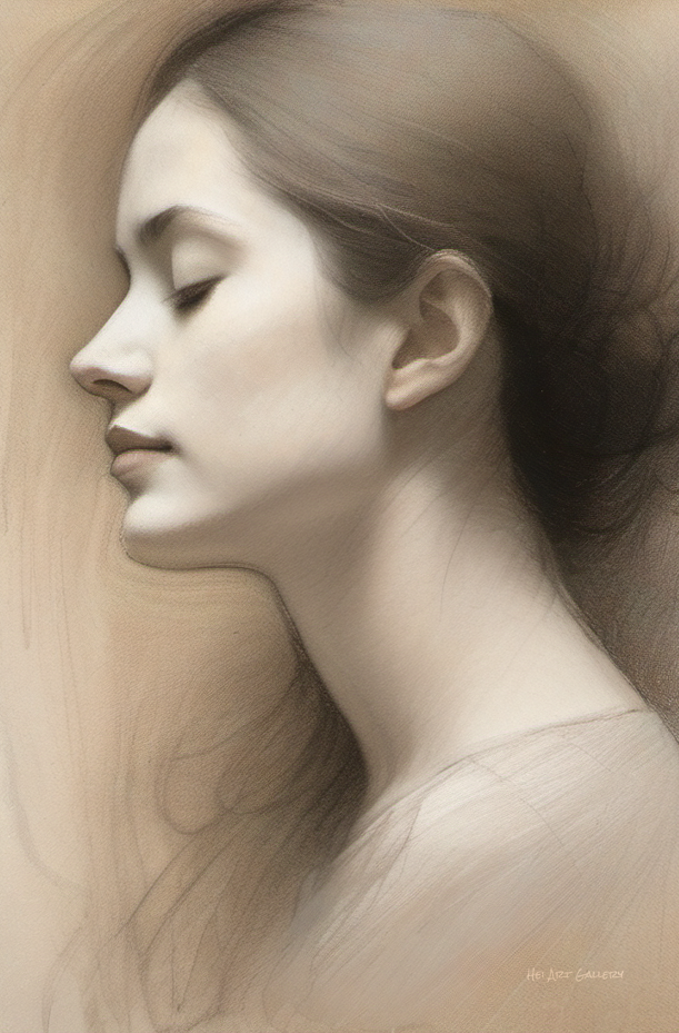 Artistic depiction of a woman's profile with soft, neutral tones.