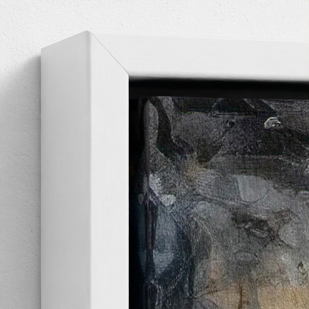 Close-up of a framed abstract painting with a white frame on a light gray background