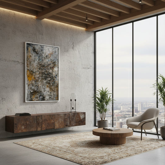 Modern living room with large windows, wooden furniture, and abstract art.