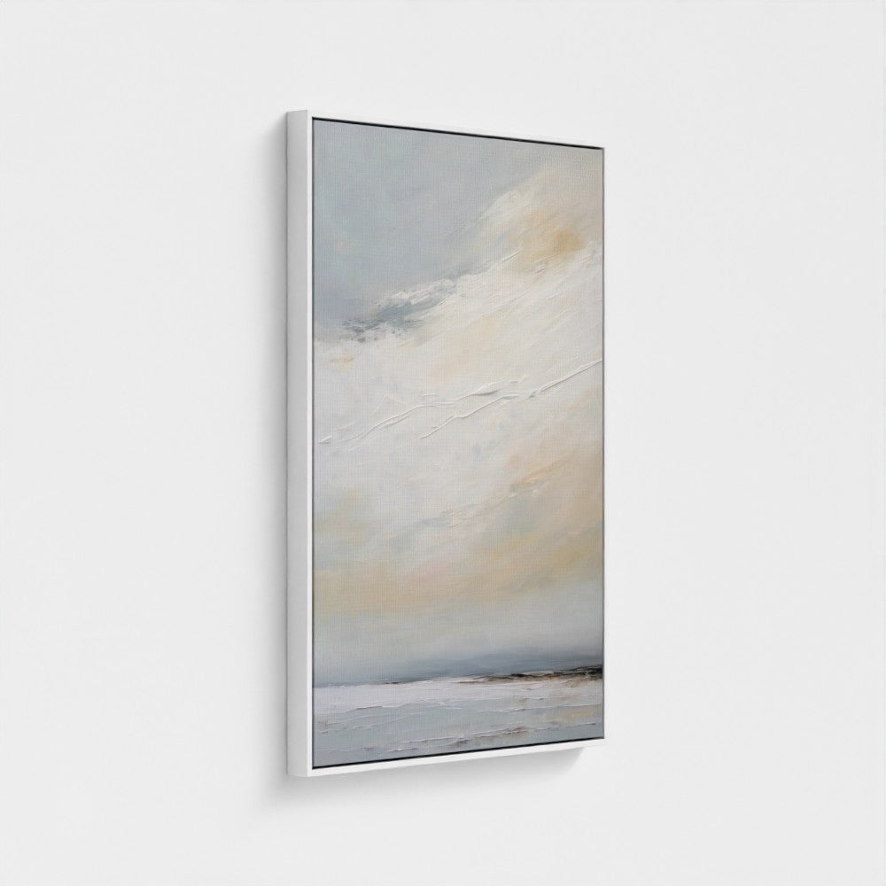 Framed abstract art piece with soft colors on a white background