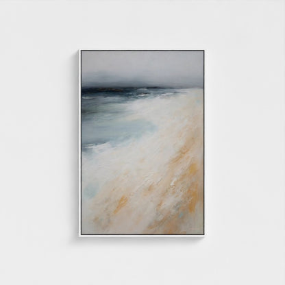 Framed artwork of a landscape with a body of water and sky.