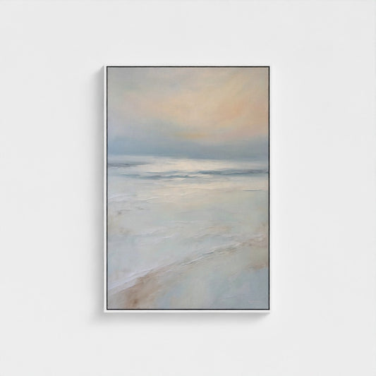 Framed artwork of a landscape with soft colors on a white background