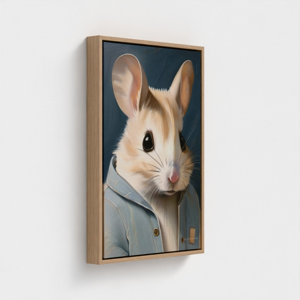 Framed artwork of a mouse wearing a jacket on a white background
