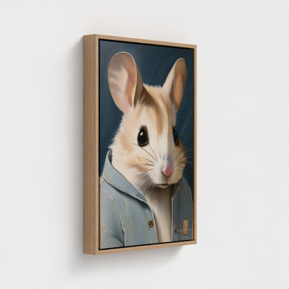 Framed artwork of a mouse wearing a jacket on a white background