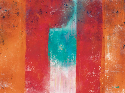 Abstract art with vertical stripes of red, orange, and teal on a textured background