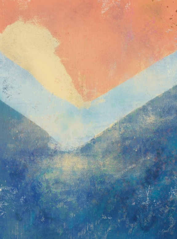 Abstract art with a geometric design featuring orange, blue, and white colors.