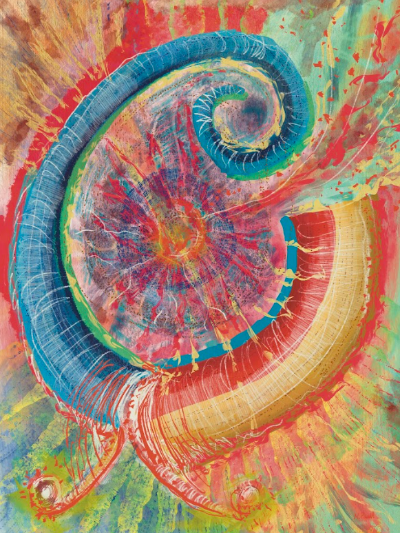 Abstract art with concentric circular patterns in blue, red, and yellow on a multicolored background.