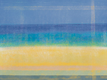 Abstract art with horizontal stripes of blue, green, and yellow.