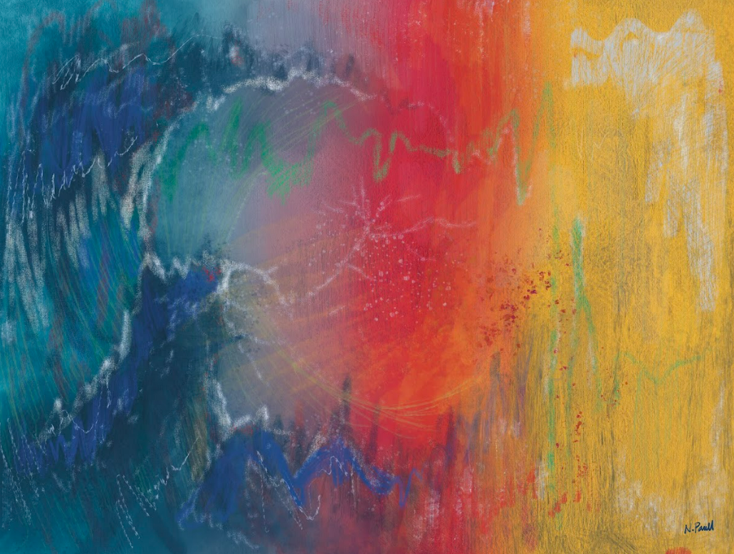 Abstract painting with swirling colors transitioning from blue to red to yellow.