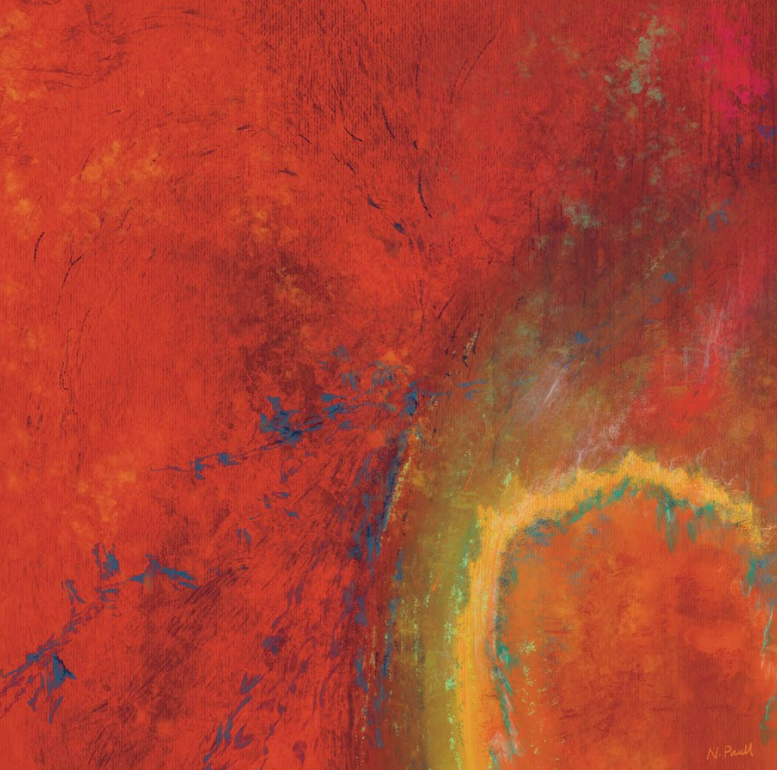 Abstract art with swirling colors on a textured red background