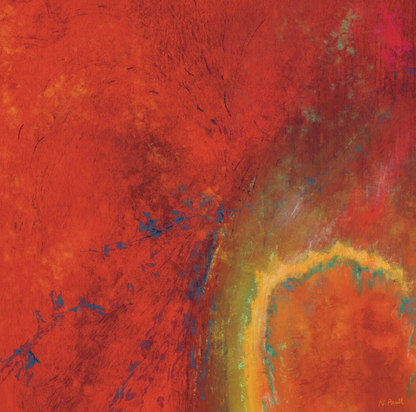 Abstract art with swirling colors on a textured red background