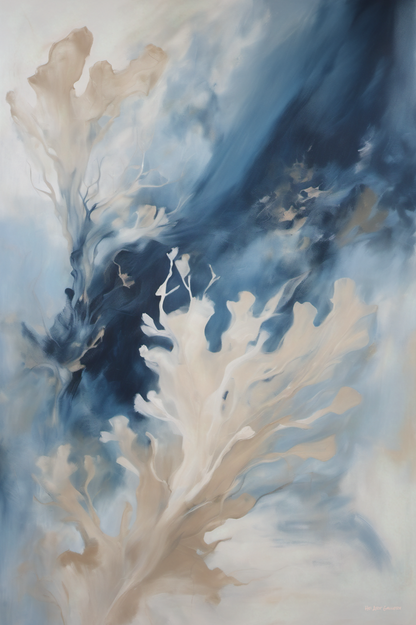 Abstract artwork with blue, beige, and white colors