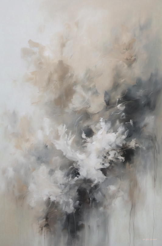 Abstract art piece with soft, muted colors on a textured background