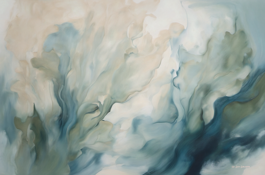 Abstract artwork with swirling blue and beige colors