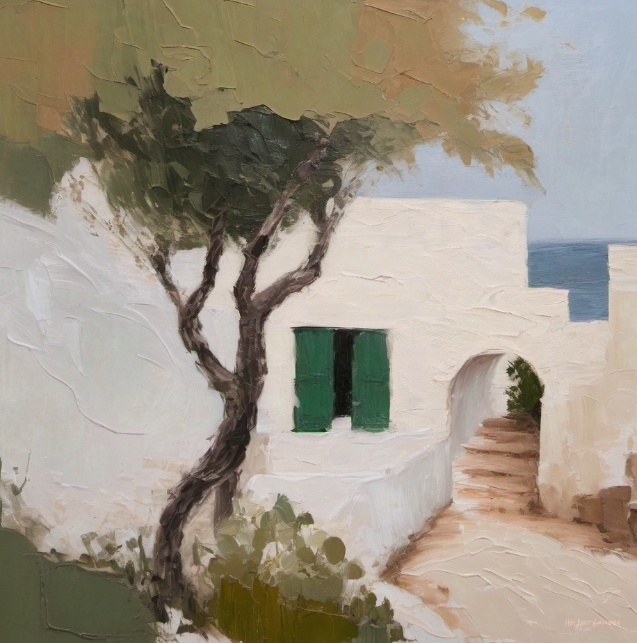 Painting of a white building with green shutters and a tree in front, set against a blue sky.