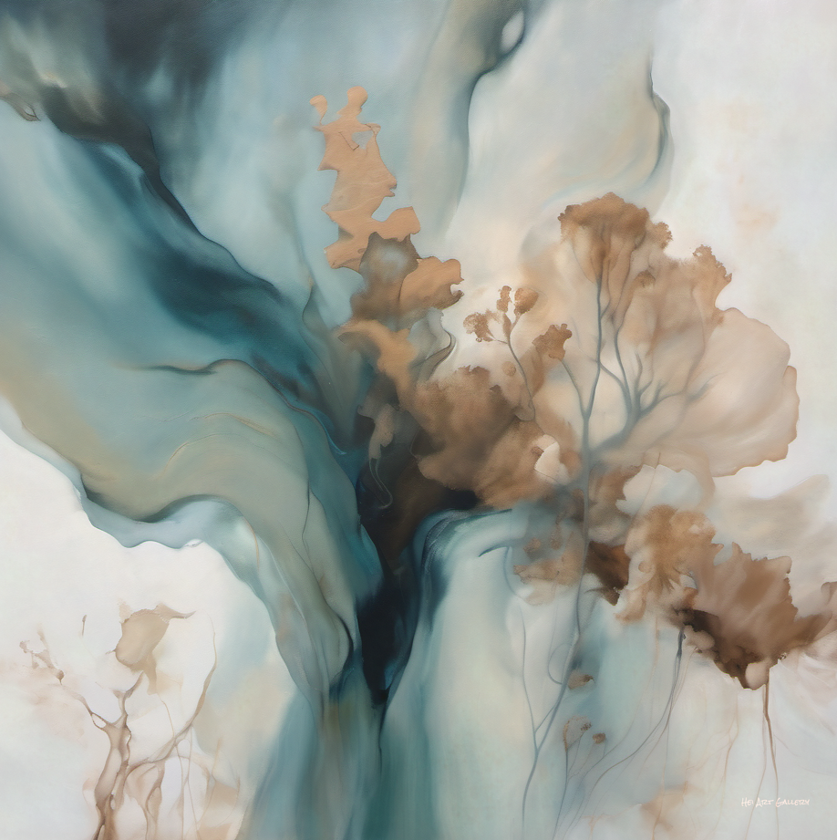 Abstract artwork with flowing blue and brown colors