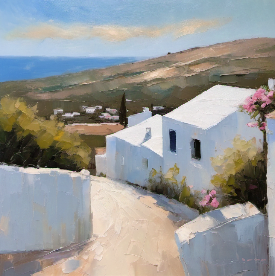 Painting of a white house with blue accents in a scenic landscape.