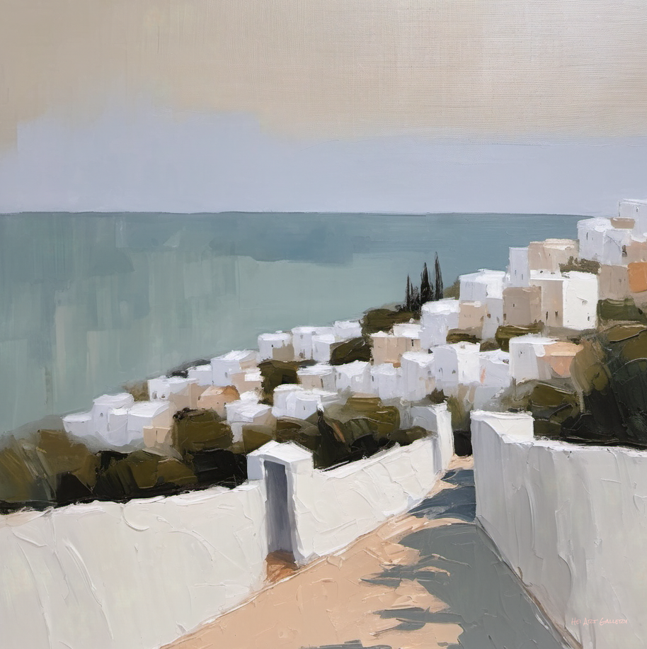 Artistic depiction of a coastal landscape with buildings and a clear sky.