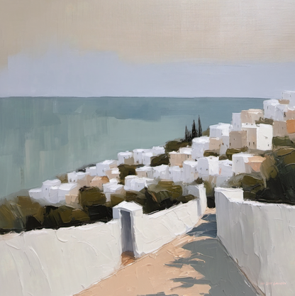 Artistic depiction of a coastal landscape with buildings and a clear sky.